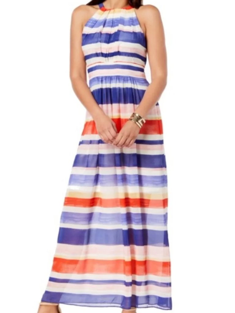 Vince Camuto Striped Halter Maxi Dress In Blue, Red, Pink, Size Us 6
